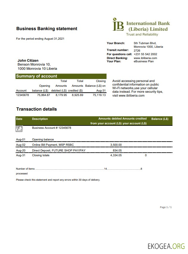 Libéria IB International Bank excel pdf